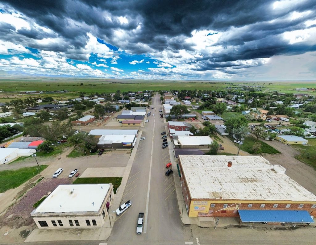 Aerial view of Big Sandy, MT looking down Johannes Ave